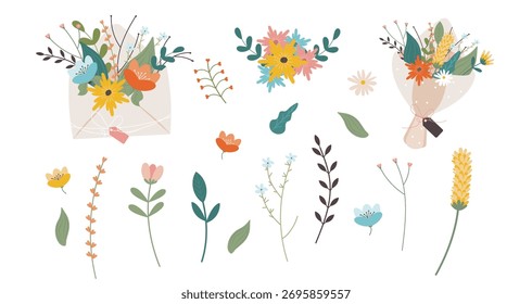 Conjunto de flores y Elementos florales aislados sobre un fondo blanco.