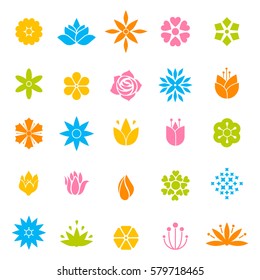 Set of flowers and floral elements isolated on white background. Cute retro design in bright colors for stickers, labels, tags, gift wrapping paper.
