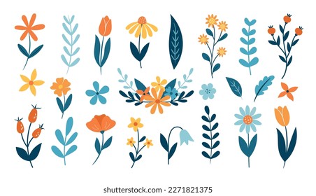A set of flowers and floral elements on a white background