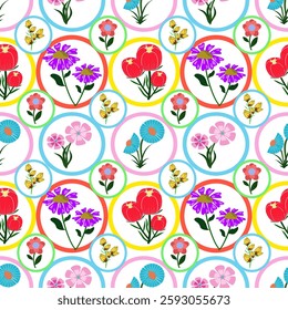 Set of flowers, Floral seamless pattern in colorful circle.