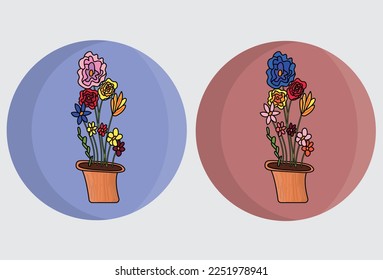Montaje de flores en macetas de flores. Flores de diferentes colores. Fondo azul y rojo.
