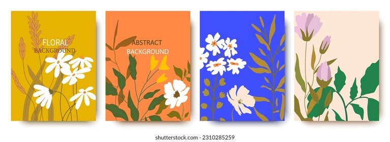 Set of flowers, foliage, plants, abstraction, lines, contours.Trendy concept for logo, postcard, banner, poster, vector illustration.