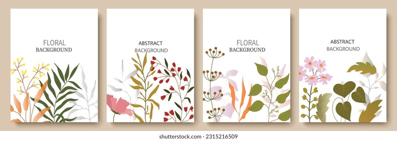 Set of flowers, foliage, plants, abstraction, lines, contours.Trendy concept for logo, postcard, banner, poster, vector illustration.