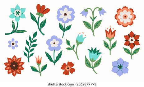 Set of flowers in folk style isolate on white background. Vector graphics.