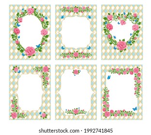Eine Reihe von Blumen Rahmen mit einem Platz für Text. rosafarbene Rosen auf Schachhintergrund. Schöner Kranz von Rosen, Schmetterlingen, Blättern und Bindweed.  Vektorgrafik, Grußkarte, Einladung, Banner