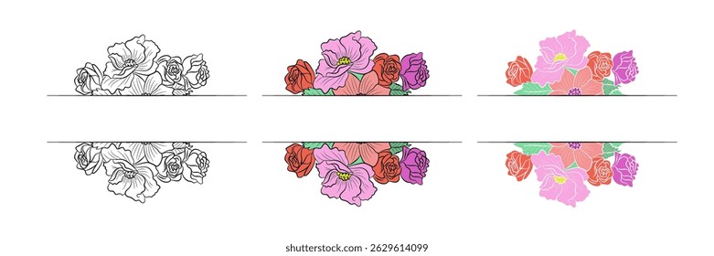 Set of flowers frame and text box on transparent background