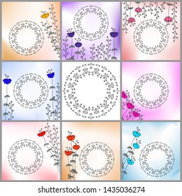 Set of flowers frames. Frames made of ornament in circle on light gradient background. Template for a postcard with place for signature, doodle style. Vector illustration. Art sketch.