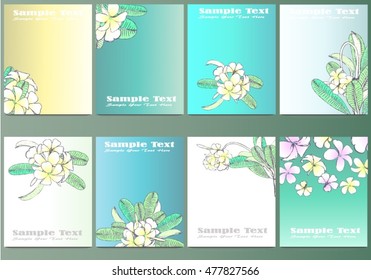 Set of flowers frangipani background with leafs in realistic hand-drawn style. Vector illustration.