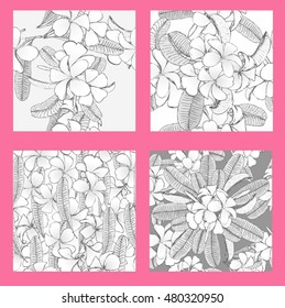 Set of flowers frangipani seamless background with leafs in realistic hand-drawn style. Vector illustration