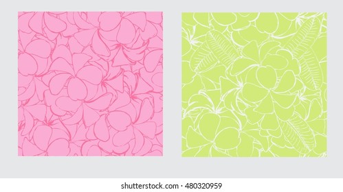 Set of flowers frangipani seamless background with leafs in realistic hand-drawn style. Vector illustration