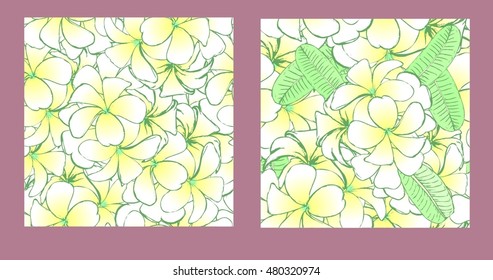 Set of flowers frangipani seamless background with leafs in realistic hand-drawn style. Vector illustration