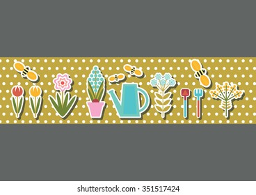 Set of flowers and garden accessories. The header banner. In the style of flat design.