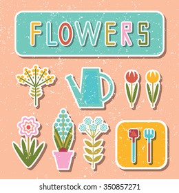 Set of flowers and garden tools. Sleek design. Stylization.