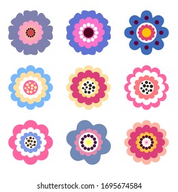 Set of flowers geometric icons in flat style, top view. Botanical elements flat style bright colors for design, scrapbooking, creativity, stickers, cards, labels. Vector illustration isolated on white