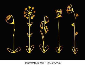 Set of flowers in gold color. Vector drawing on a black background. Stock illustration