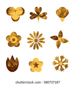 set flowers gold. Set of Vectorized Flowers. Set of flat icon flower icons in silhouette isolated on white. Cute retro design in bright colors for stickers, labels, tags, gift wrapping paper.