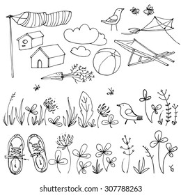 Set of flowers and grasses painted line, summer outdoor recreation. Birds, clover, shoes, houses. Doodle vector drawing a line on a white background