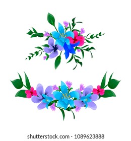 set of flowers green twigs purple flowers, pink, blue. isolated vector on white background.