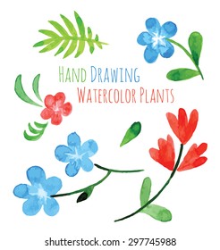 Set of flowers  hand drawing painted in watercolor on white paper. Sketch of flowers and herbs. Wreath, garland of flowers
