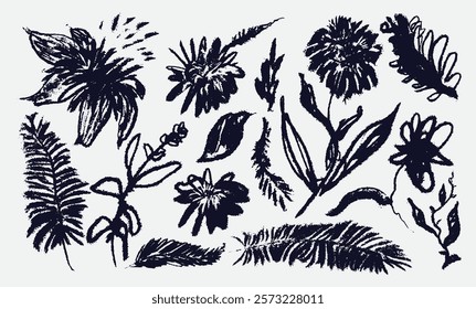 Set of flowers hand drawn design elements. Template ink brush texture. Vector illustration abstract flower pattern with dotted style. Black silhouettes flower and leaves background.