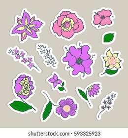 Set flowers. Hand drawn isolated on a beige background. Collection of stickers, pins, patches in cartoon style. Sketch nature.