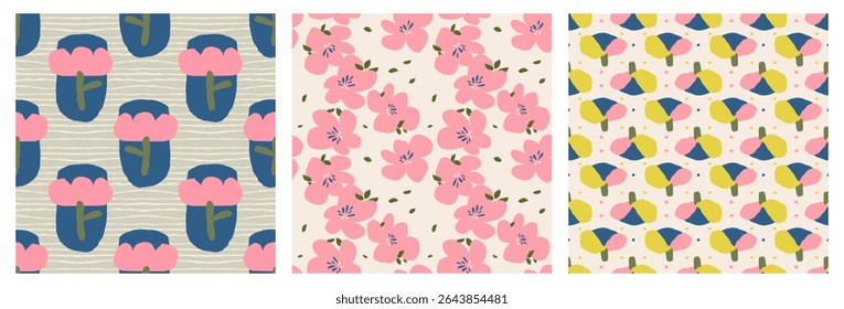 Set of flowers hand drawn seamless pattern with tulips for fabric, textiles, clothing, wrapping paper, cover, banner, home decor, abstract backgrounds. Vector illustration.
