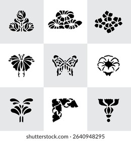 Set Flowers. Hand Drawn Vector Illustration – Nine Black Flower Bouquet Silhouettes on Gray Background, Stylized Floral Arrangements, Decorative Template Design, Overhead View

