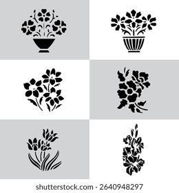 Set Flowers. Hand Drawn Vector Illustration – Nine Black Flower Bouquet Silhouettes on Gray Background, Stylized Floral Arrangements, Decorative Template Design, Overhead View

