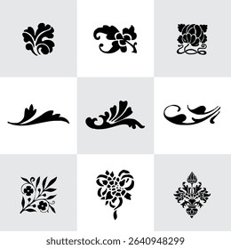 Set Flowers. Hand Drawn Vector Illustration – Nine Black Flower Bouquet Silhouettes on Gray Background, Stylized Floral Arrangements, Decorative Template Design, Overhead View

