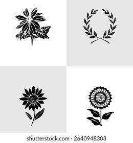 Set Flowers. Hand Drawn Vector Illustration – Nine Black Flower Bouquet Silhouettes on Gray Background, Stylized Floral Arrangements, Decorative Template Design, Overhead View

