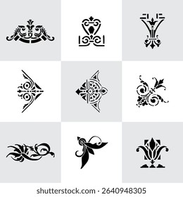 Set Flowers. Hand Drawn Vector Illustration – Nine Black Flower Bouquet Silhouettes on Gray Background, Stylized Floral Arrangements, Decorative Template Design, Overhead View

