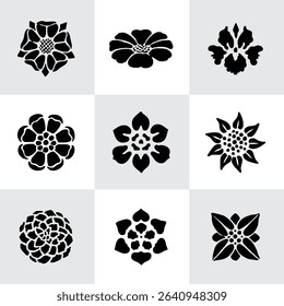 Set Flowers. Hand Drawn Vector Illustration – Nine Black Flower Bouquet Silhouettes on Gray Background, Stylized Floral Arrangements, Decorative Template Design, Overhead View

