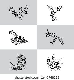 Set Flowers. Hand Drawn Vector Illustration – Nine Black Flower Bouquet Silhouettes on Gray Background, Stylized Floral Arrangements, Decorative Template Design, Overhead View

