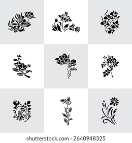 Set Flowers. Hand Drawn Vector Illustration – Nine Black Flower Bouquet Silhouettes on Gray Background, Stylized Floral Arrangements, Decorative Template Design, Overhead View

