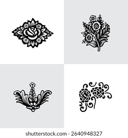 Set Flowers. Hand Drawn Vector Illustration – Nine Black Flower Bouquet Silhouettes on Gray Background, Stylized Floral Arrangements, Decorative Template Design, Overhead View


