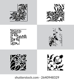 Set Flowers. Hand Drawn Vector Illustration – Nine Black Flower Bouquet Silhouettes on Gray Background, Stylized Floral Arrangements, Decorative Template Design, Overhead View

