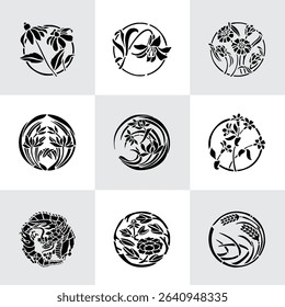 Set Flowers. Hand Drawn Vector Illustration – Nine Black Flower Bouquet Silhouettes on Gray Background, Stylized Floral Arrangements, Decorative Template Design, Overhead View

