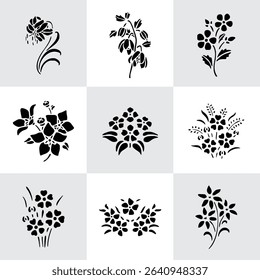 Set Flowers. Hand Drawn Vector Illustration – Nine Black Flower Bouquet Silhouettes on Gray Background, Stylized Floral Arrangements, Decorative Template Design, Overhead View

