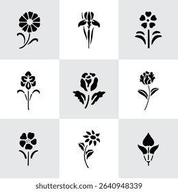 Set Flowers. Hand Drawn Vector Illustration – Nine Black Flower Bouquet Silhouettes on Gray Background, Stylized Floral Arrangements, Decorative Template Design, Overhead View


