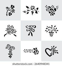 Set Flowers. Hand Drawn Vector Illustration – Nine Black Flower Bouquet Silhouettes on Gray Background, Stylized Floral Arrangements, Decorative Template Design, Overhead View

