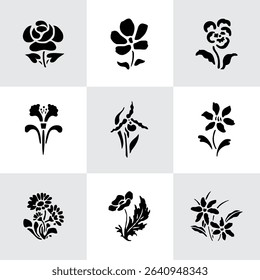 Set Flowers. Hand Drawn Vector Illustration – Nine Black Flower Bouquet Silhouettes on Gray Background, Stylized Floral Arrangements, Decorative Template Design, Overhead View

