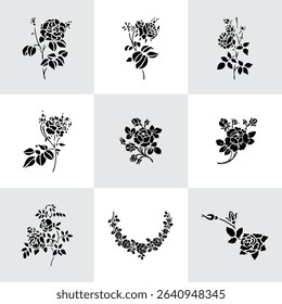 Set Flowers. Hand Drawn Vector Illustration – Nine Black Flower Bouquet Silhouettes on Gray Background, Stylized Floral Arrangements, Decorative Template Design, Overhead View

