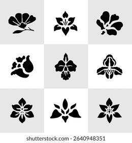 Set Flowers. Hand Drawn Vector Illustration – Nine Black Flower Bouquet Silhouettes on Gray Background, Stylized Floral Arrangements, Decorative Template Design, Overhead View

