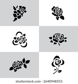 Set Flowers. Hand Drawn Vector Illustration – Nine Black Flower Bouquet Silhouettes on Gray Background, Stylized Floral Arrangements, Decorative Template Design, Overhead View

