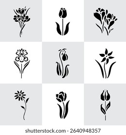 Set Flowers. Hand Drawn Vector Illustration – Nine Black Flower Bouquet Silhouettes on Gray Background, Stylized Floral Arrangements, Decorative Template Design, Overhead View

