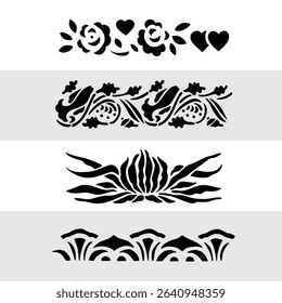 Set Flowers. Hand Drawn Vector Illustration – Nine Black Flower Bouquet Silhouettes on Gray Background, Stylized Floral Arrangements, Decorative Template Design, Overhead View

