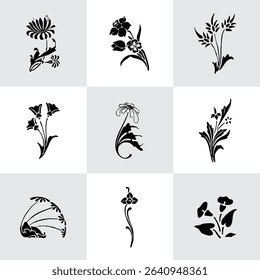 Set Flowers. Hand Drawn Vector Illustration – Nine Black Flower Bouquet Silhouettes on Gray Background, Stylized Floral Arrangements, Decorative Template Design, Overhead View

