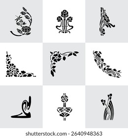 Set Flowers. Hand Drawn Vector Illustration – Nine Black Flower Bouquet Silhouettes on Gray Background, Stylized Floral Arrangements, Decorative Template Design, Overhead View

