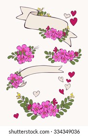 Set with flowers, heart and ribbons. Vector illustration