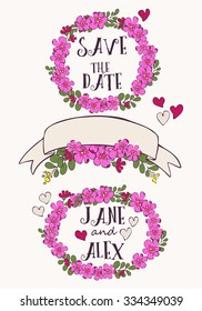 Set with flowers, heart and ribbons. Vector illustration